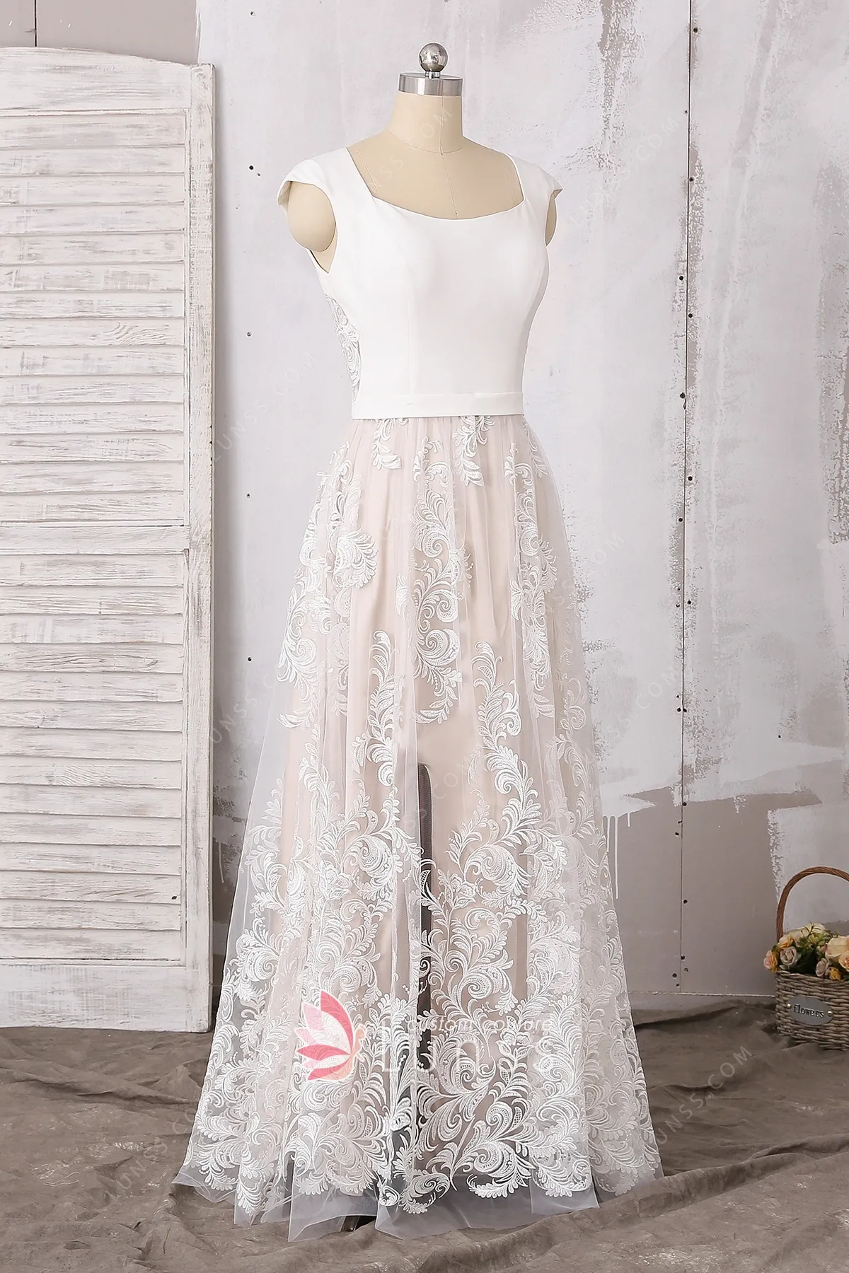 Cap Sleeve White Lace Nude Underneath Bridal Shower Dress Lunss