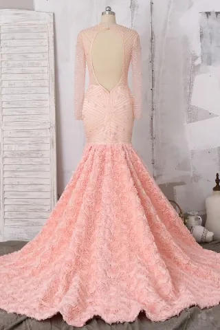 beaded long sleeve open back 3d rose prom gown
