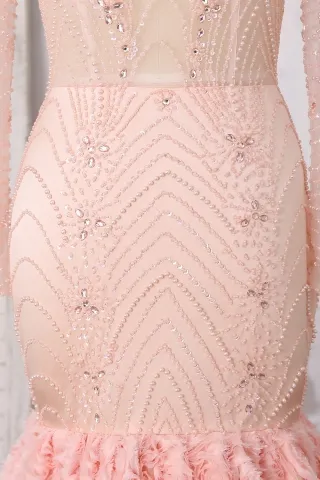 beaded trumpet peach pink prom dress