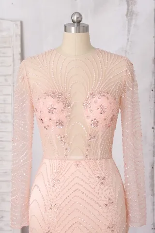 luxury beaded illusion sheer long sleeve prom dress