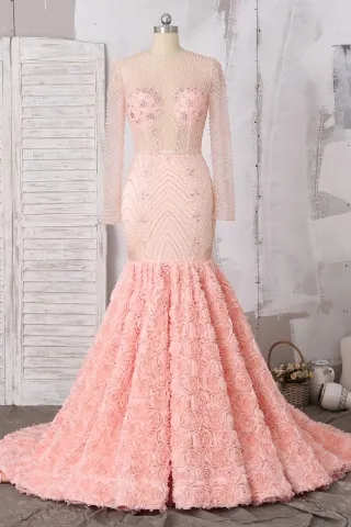 luxury beaded sheer peach pink 3d rose trumpet prom dress
