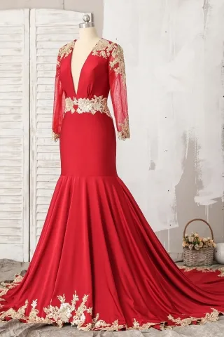 gold floral lace red mermaid prom dress