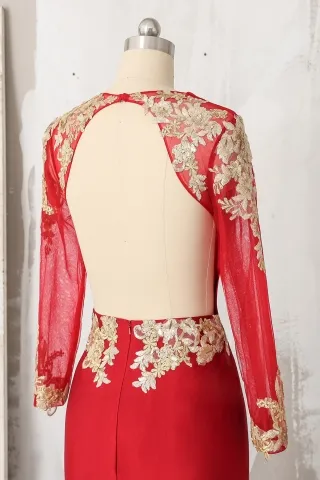 gold lace appliqued open back red prom dress