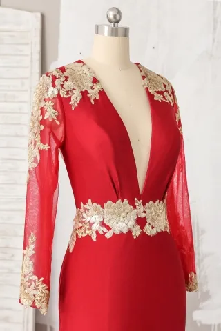 plunging neckline long sleeve red gold prom dress