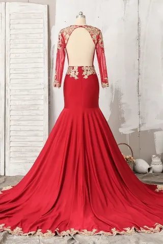 red long sleeve open back prom dress with gold lace appliques