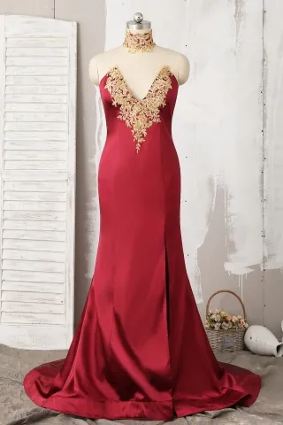 gold lace applique choker v neck dark red satin prom gown