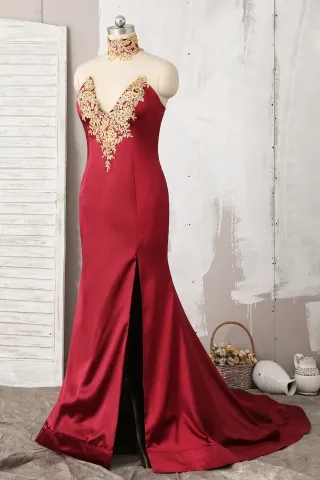 gold lace choker v neck red prom gown