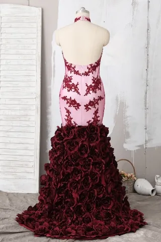 wine lace appliqued open back 3d rose prom dress