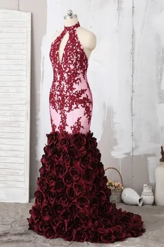 wine lace cut out 3d rose prom dress