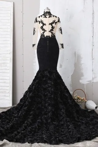black illusion lace long sleeve 3D rosette long train prom dress