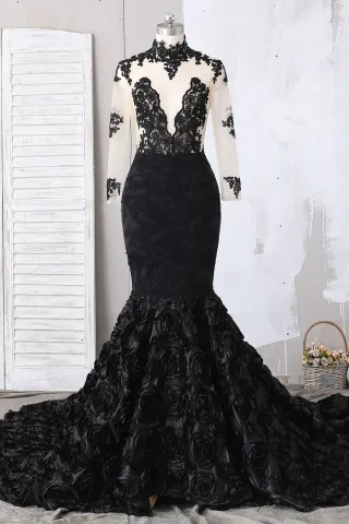 black illusion sheer lace 3d rosette mermaid prom dress