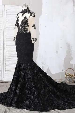 black lace 3d rosette mermaid prom dress