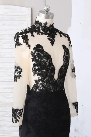black lace illusion sheer long sleeve dress