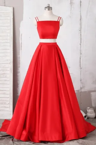 two piece red satin puffy long prom dress with pockets