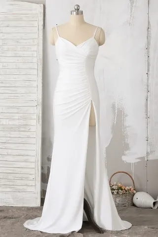 asymmetrical ruched white jersey slit long evening dress