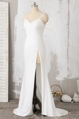 ruched white jersey slit evening dress