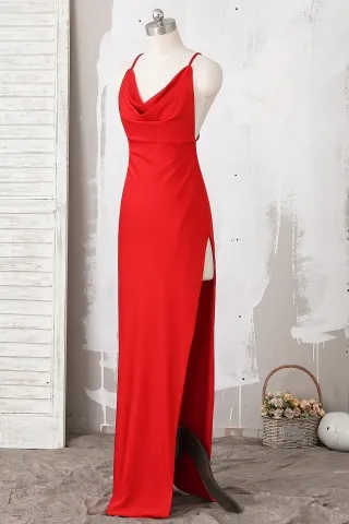 cowl neckline red slit sheath prom dress