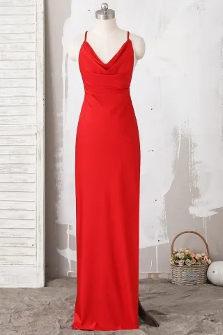 cowl neckline red spandex slit sheath long prom dress
