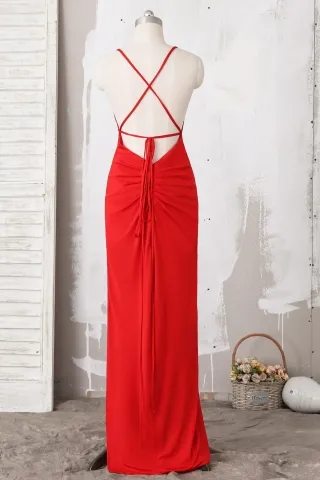 low back with spaghetti straps red dress
