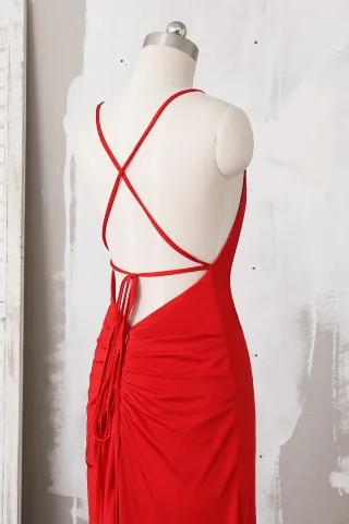 ruched red spandex low back dress with spaghetti straps