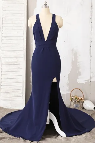sexy plunging neckline navy spandex mermaid prom dress