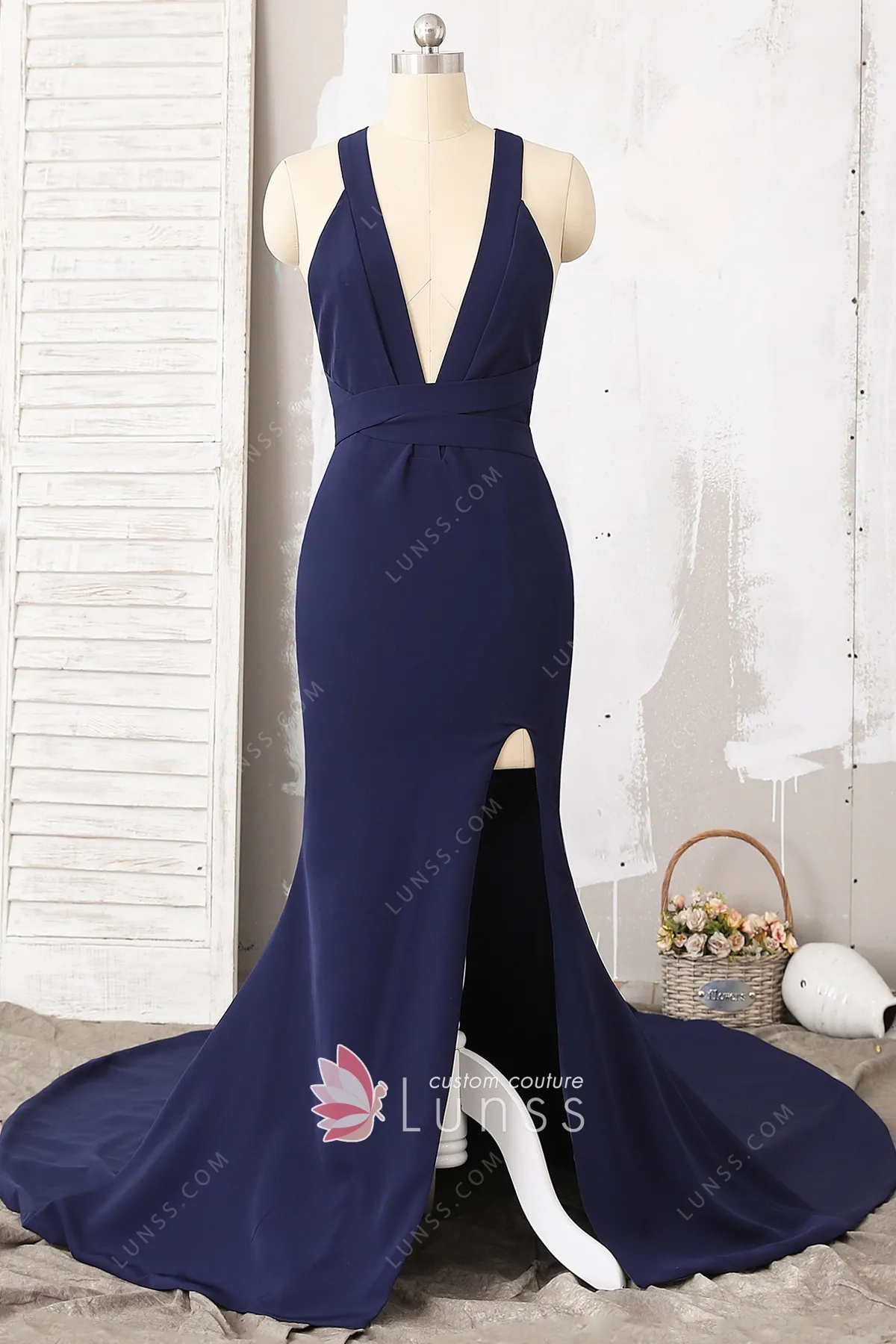 Abito da ballo a sirena in spandex blu scuro con scollatura profonda sexy -  Lunss