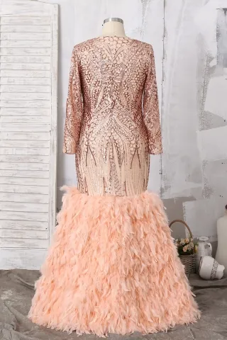 long sleeve rose gold sequin and feather trumpet plus size dress