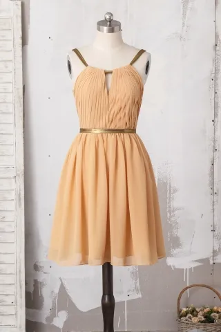 pleated desert chiffon gold strap short bridesmaid dress