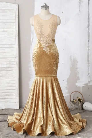 sexy illusion sheer gold lace shiny velvet prom dress
