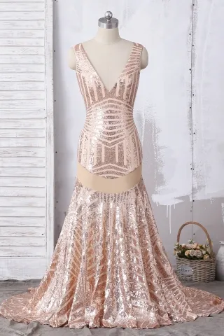 deep v neck rose gold sequin sheer mermaid prom dress