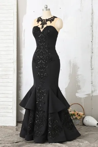 black sequin applique godet prom dress