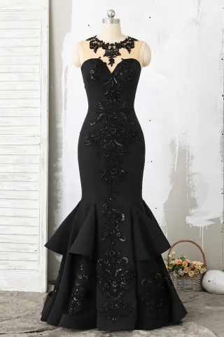 black sequin applique illusion neckline godet prom dress