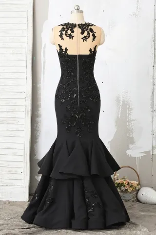 black trumpet godet long prom dress with sequins applique