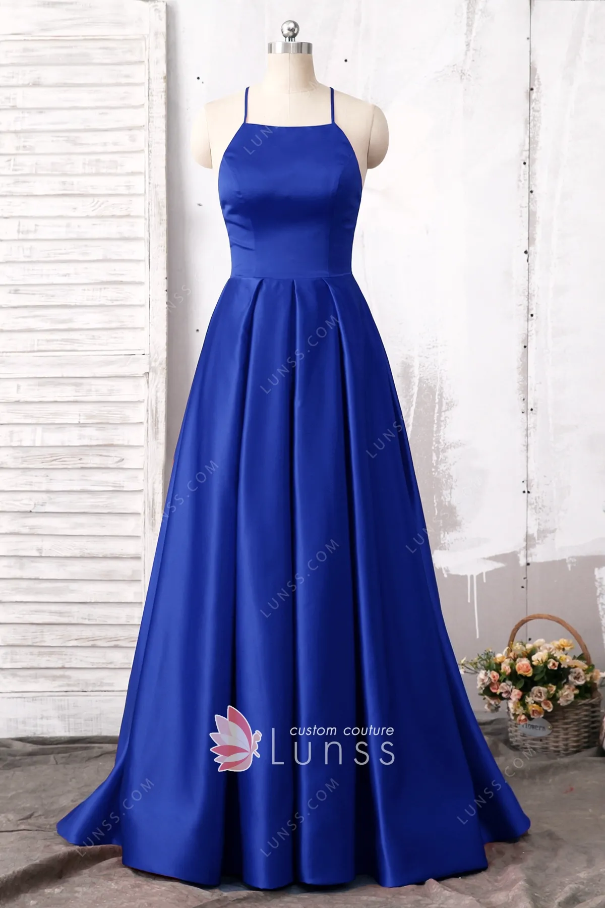 Stylish Long Sky Blue A-line Satin Rhinestones Prom Dress with Long Sleeves