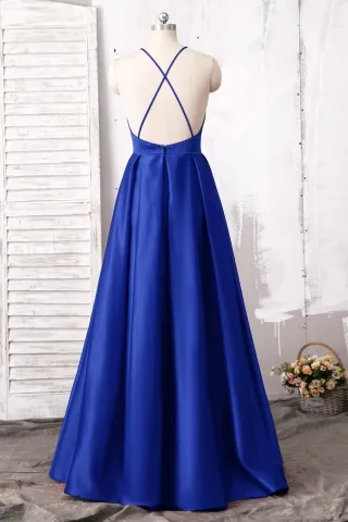 low back with criss cross straps blue prom dress