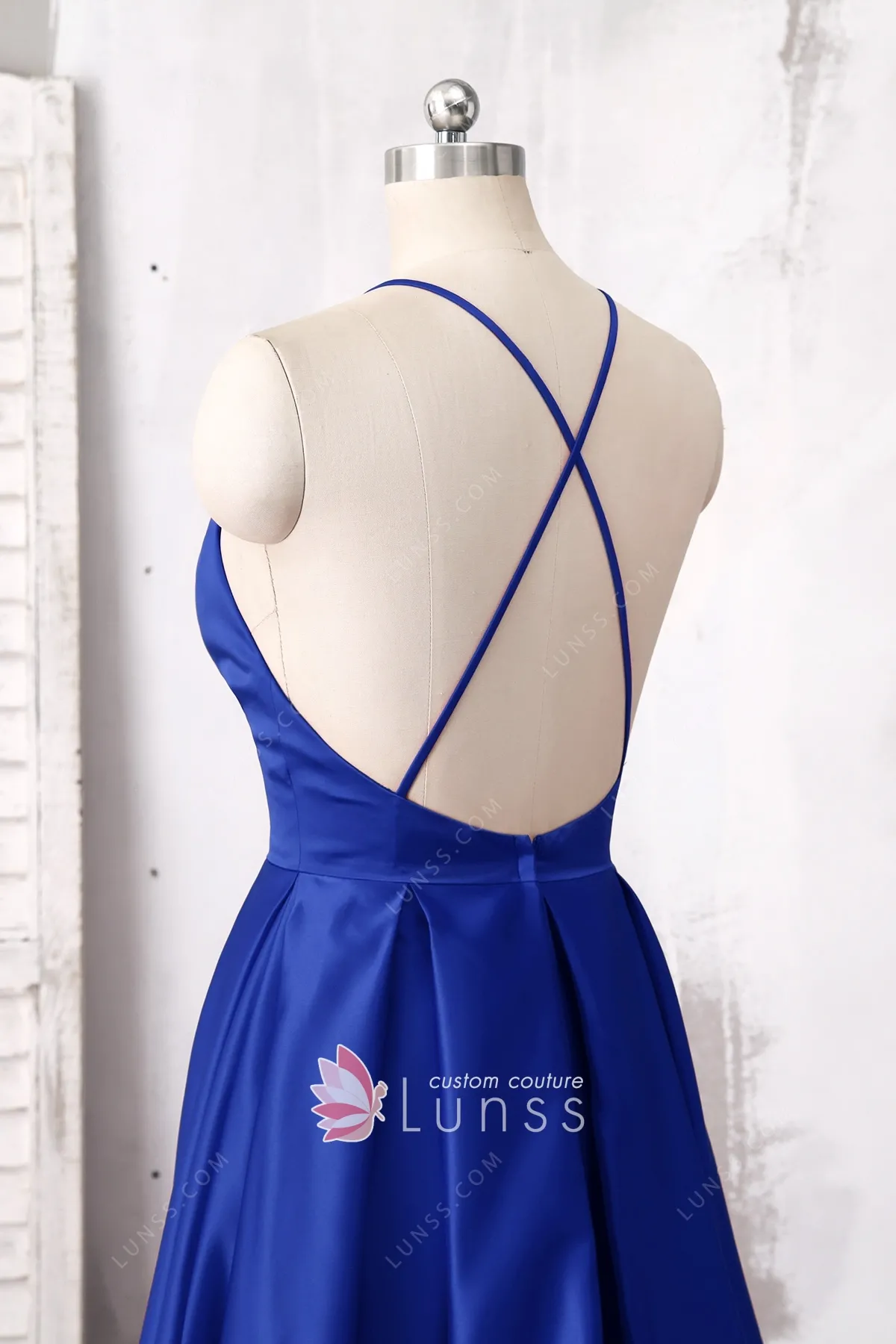 Blue Satin Lace Up Back A-Line Prom Dress With Pockets main image 1