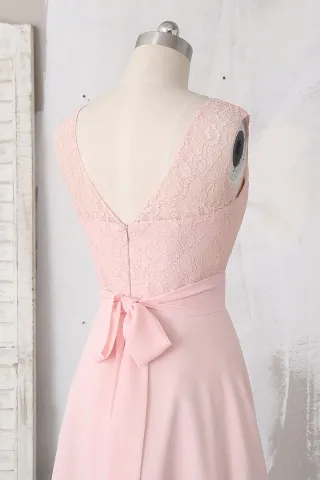 blushing pink lace V back dress