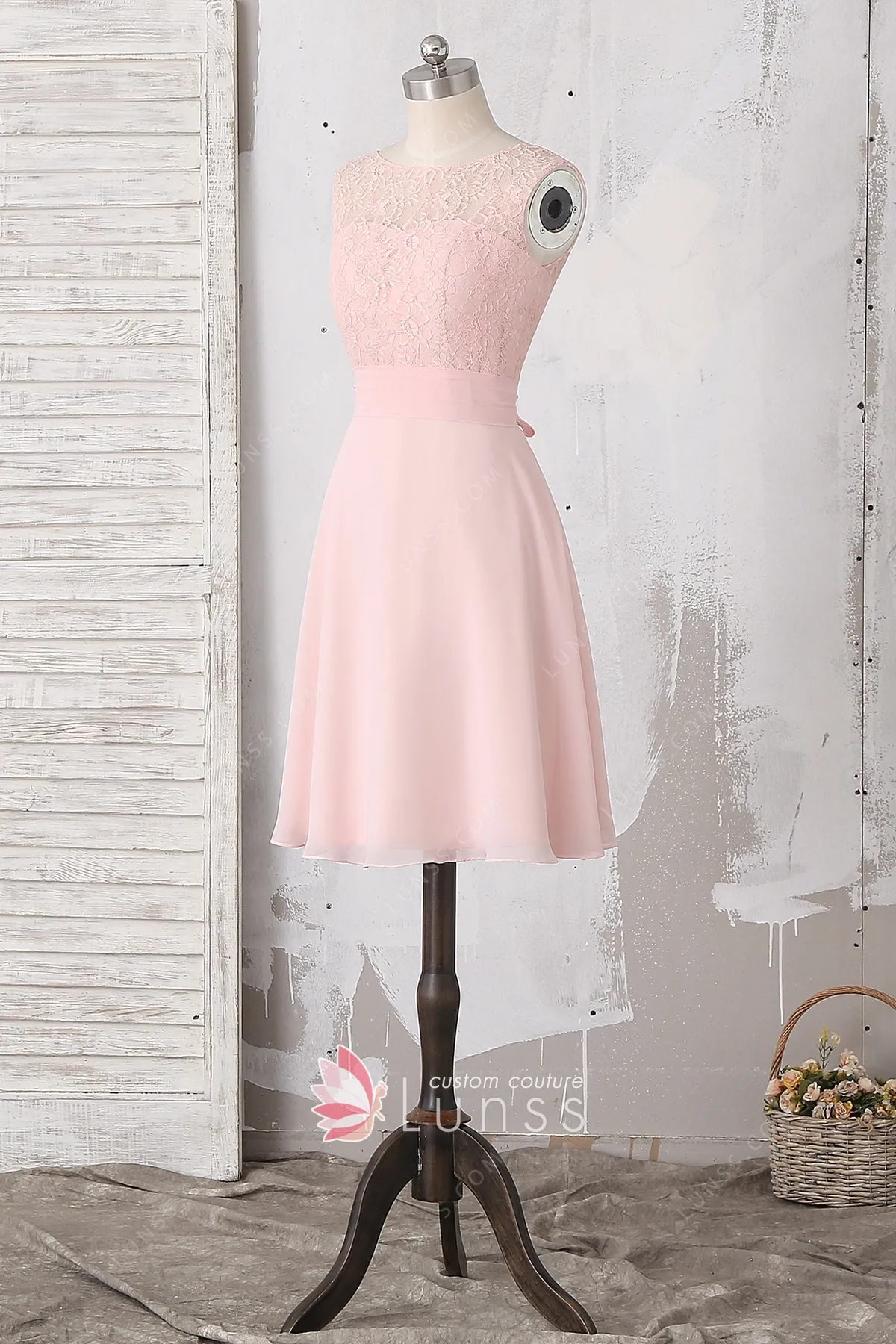 Blushing Pink Lace Chiffon Short Simple 