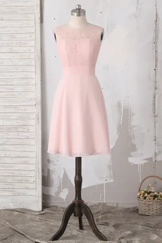 blushing pink lace chiffon short simple bridesmaid dress