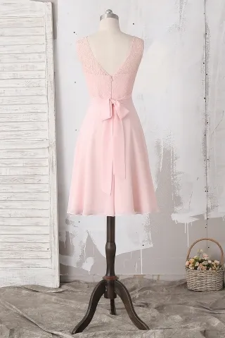 blushing pink short bridesmaid dress with bowknot sash belt