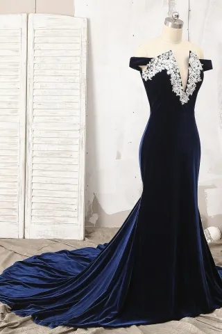 lace off the shoulder navy velvet dress