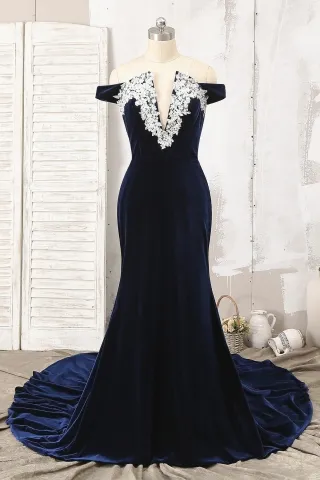lace off the shoulder v neck navy velvet long prom dress