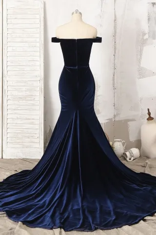 navy velvet long train mermaid prom dress