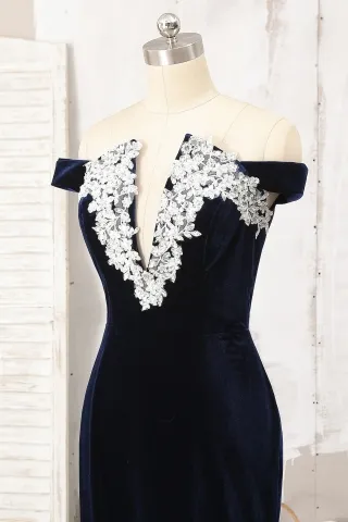 white lace appliqued off the shoulder V neckline prom dress