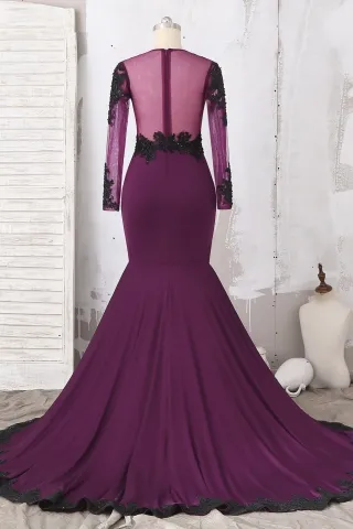 black beaded lace appliqued grape long train mermaid prom dress