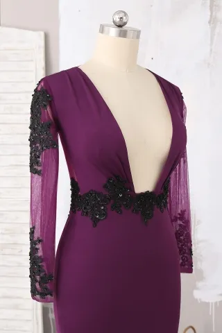 plunging neckline long sleeve grape dress