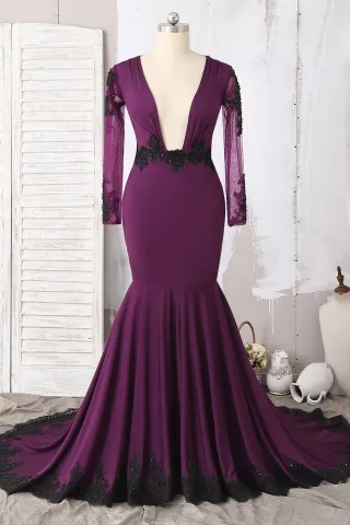 sexy plunging neckline black lace grape jersey prom dress
