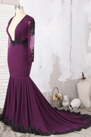 sexy plunging neckline grape prom dress