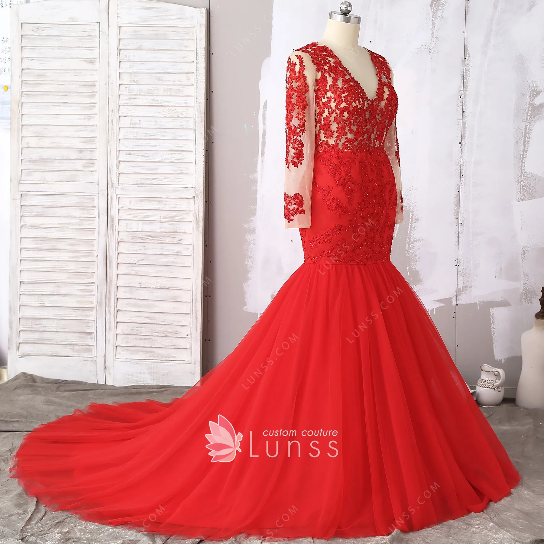 Red Lace Cutout Cap Sleeve Ruffled Tulle Customized Trumpet Prom Dress