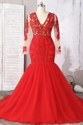 elegant beaded red lace tulle trumpet formal gown